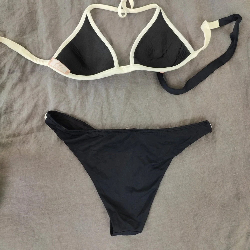 Norma Womens Bikini Set Large Black White Striped Rose Gold Hardware‎ Nautical